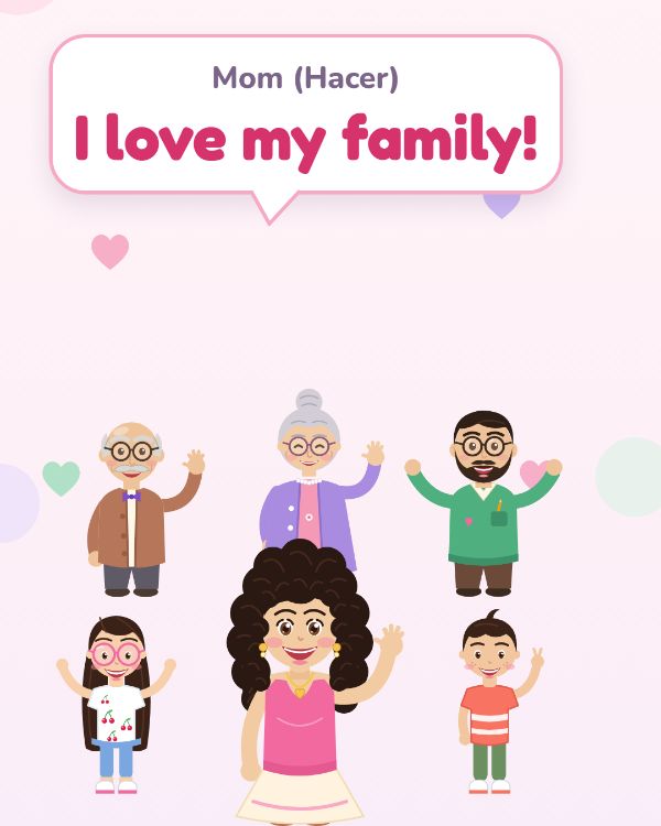 AryOLingo video frame: a cartoon family waving under the words I love my family