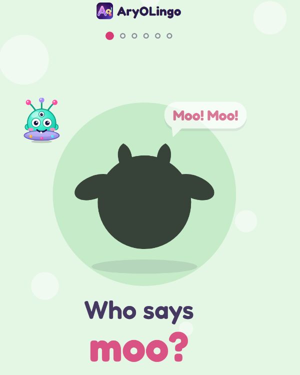 AryOLingo video frame: a cow silhouette and the question Who says moo?