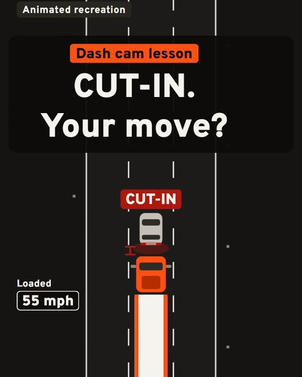 The Truckers Hub video frame: dash cam lesson, Cut-in. Your move? over an animated road