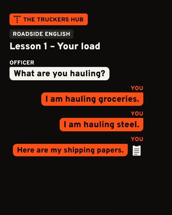 The Truckers Hub video frame: roadside English lesson, an officer’s question and three driver answers