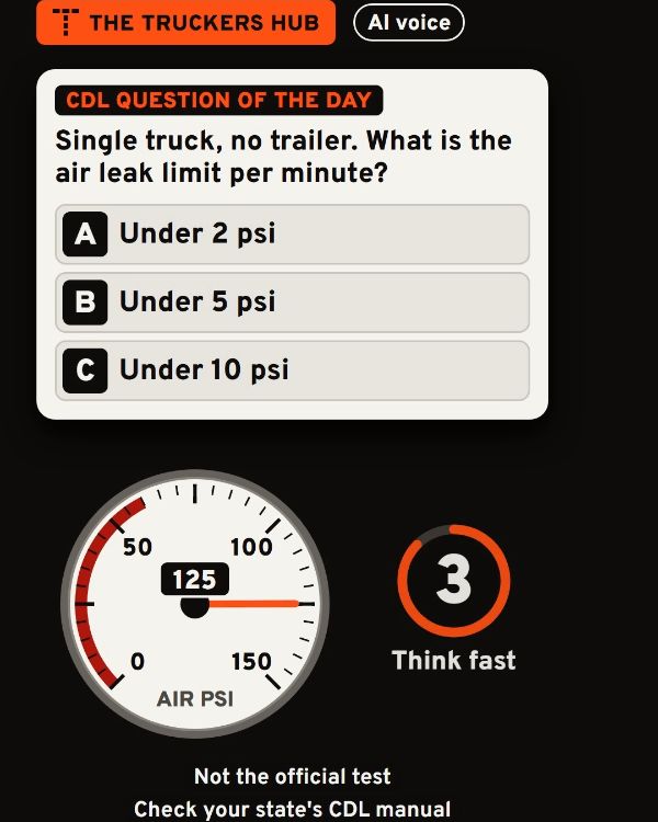 The Truckers Hub video frame: CDL question of the day about the air leak limit, an air pressure gauge and an AI voice label